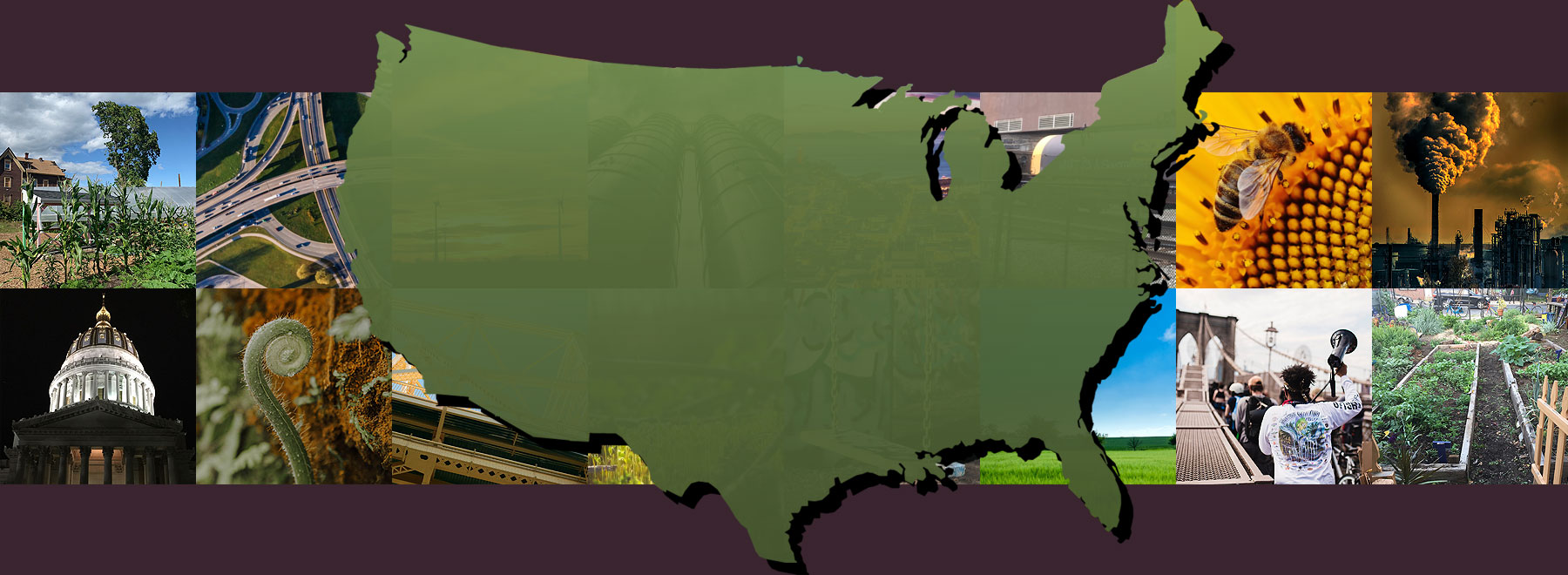 Outline of the United States with photos of environmental justice concerns